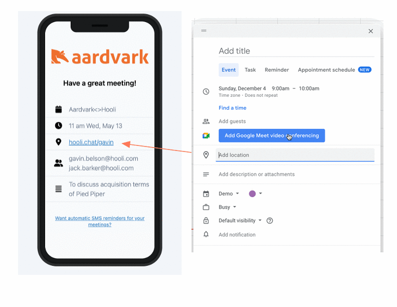 How to add a zoom/google meet link to my landing page Aardvark